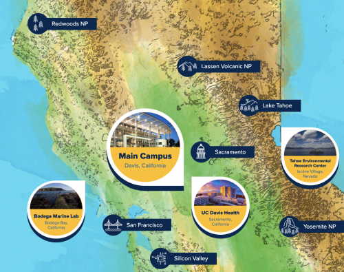 Calif map with UC Davis sites and landmarks